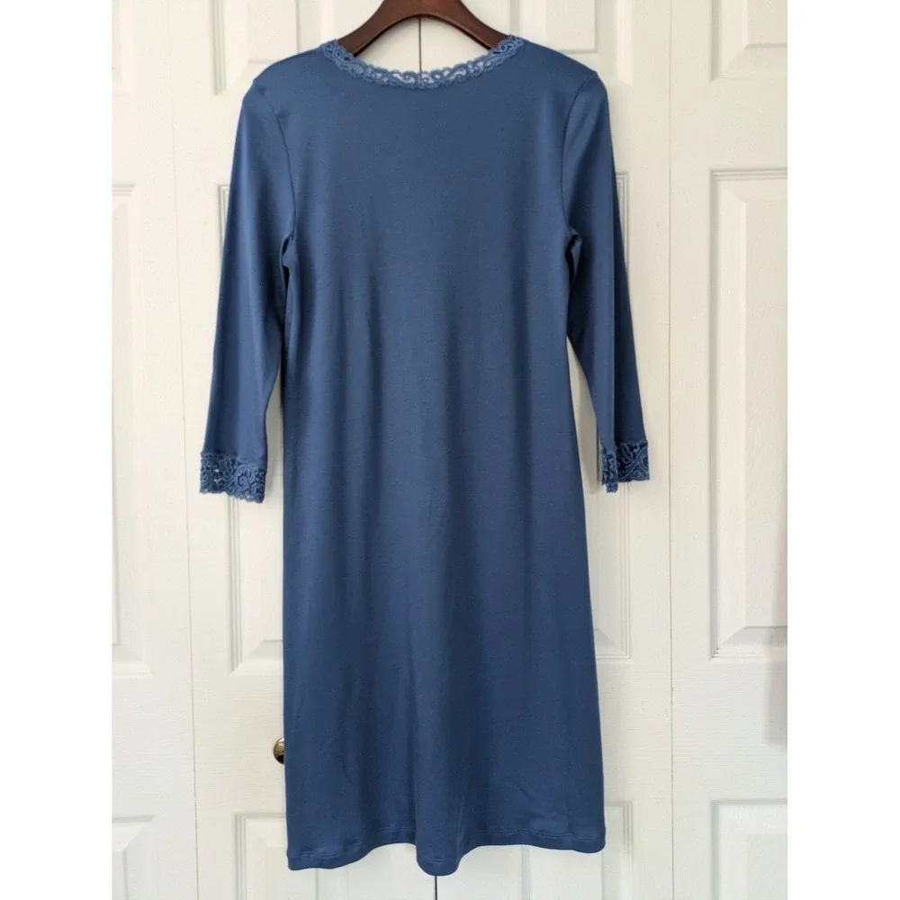 Hanro 77162 Moments Lace Trim Cotton Nightgown Cotton Size XS True Navy NWT $195 - Picture 4 of 7